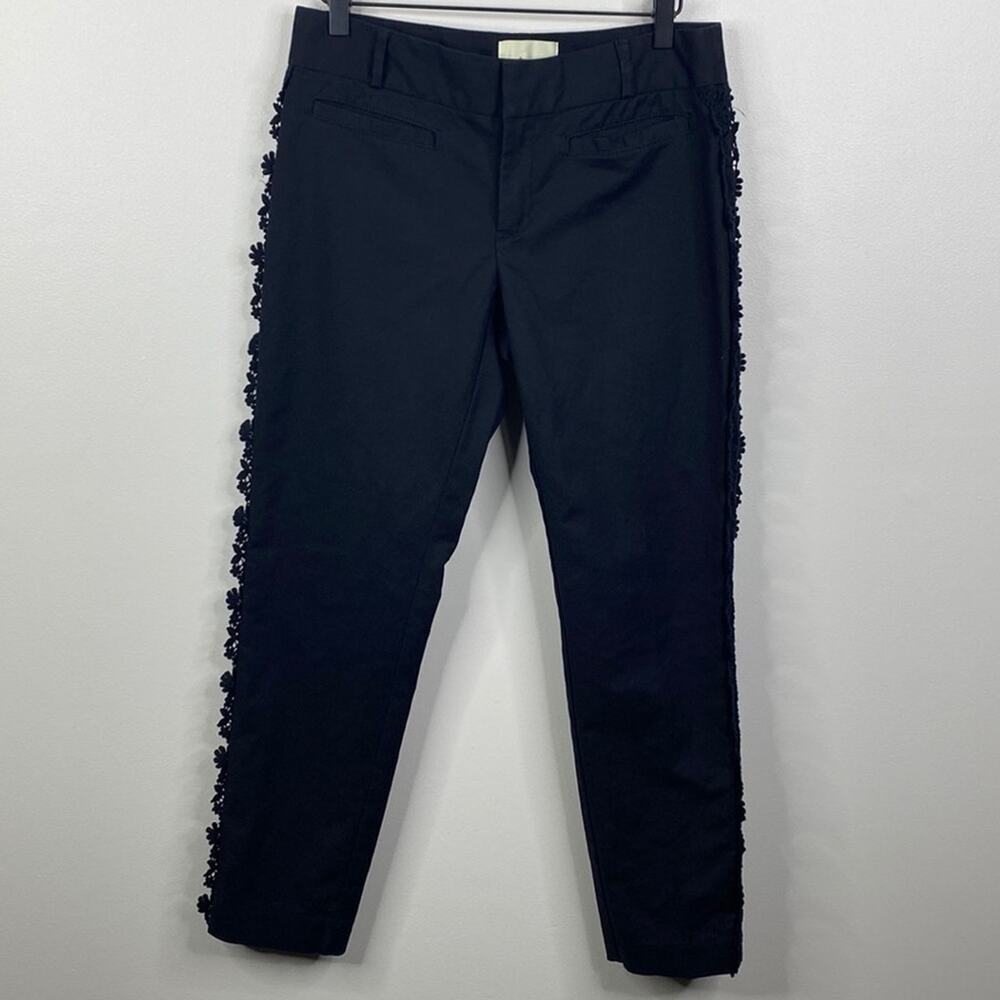Anthropologie Elevenses Black Daisy Crochet Lace Trimmed Tuxedo Crop Pants US 6